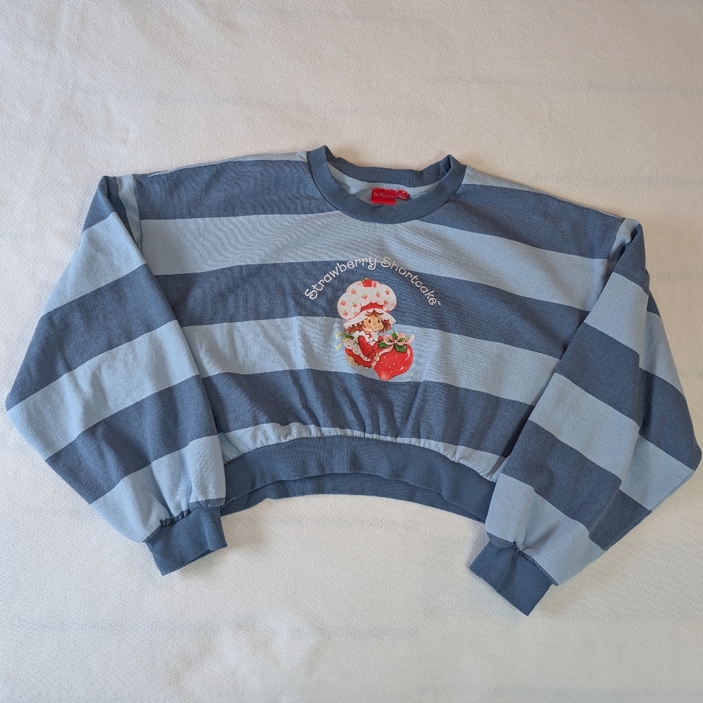 Mad Engine Strawberry Shortcake Blue Striped Cropped Sweatshirt